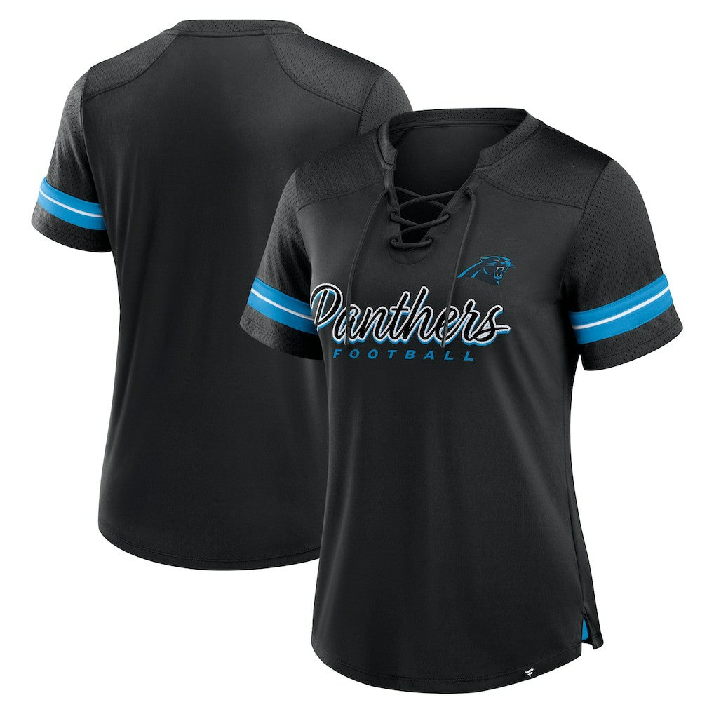 Carolina Panthers Women's Play Script Lace-Up T-Shirt Black - Fanatics