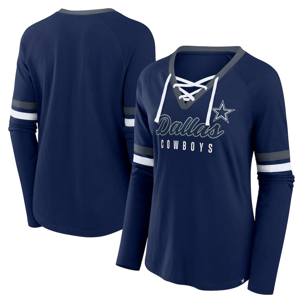 Dallas Cowboys Women's Won and Done Lace-Up Long Sleeve Fashion Top Navy - Fanatics