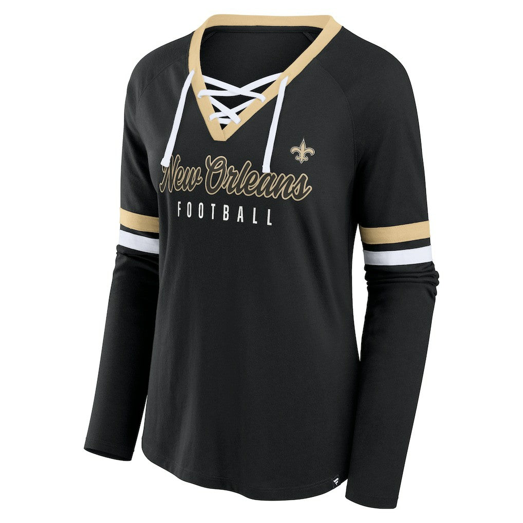New Orleans Saints Women's Won and Done Lace-Up Long Sleeve Fashion Top Black - Fanatics