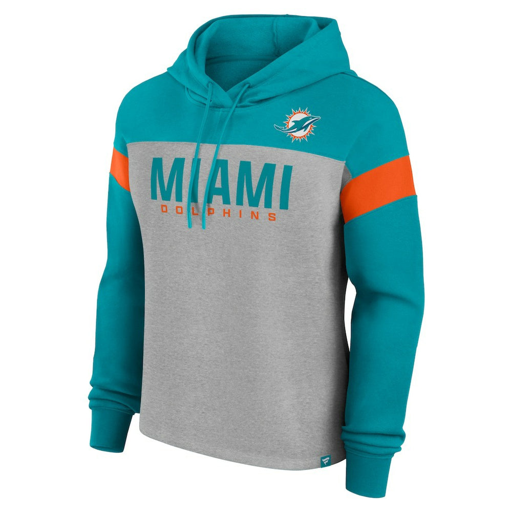 Miami Dolphins Women's Bold Play Call Pullover Hoodie Heather Gray/Aqua - Fanatics
