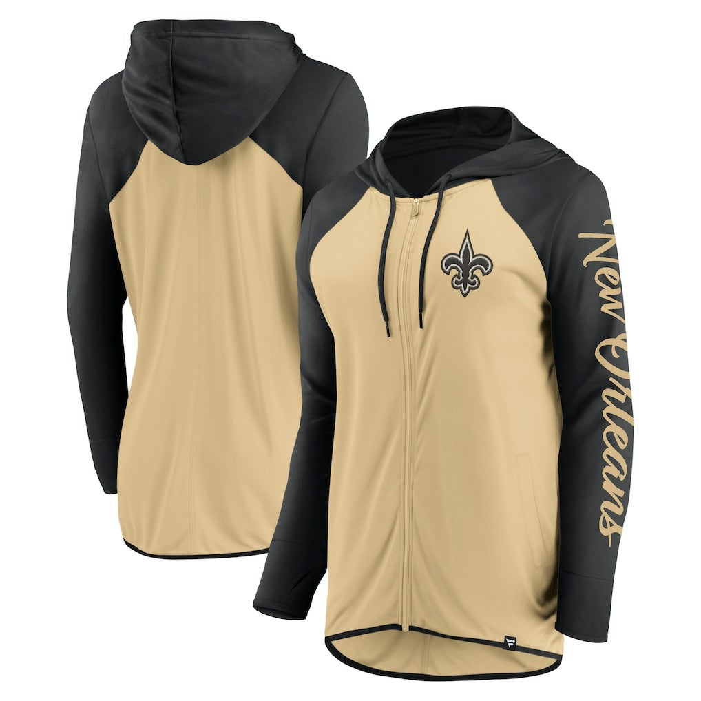 New Orleans Saints Women's Script Full-Zip Hoodie Gold/Black - Fanatics