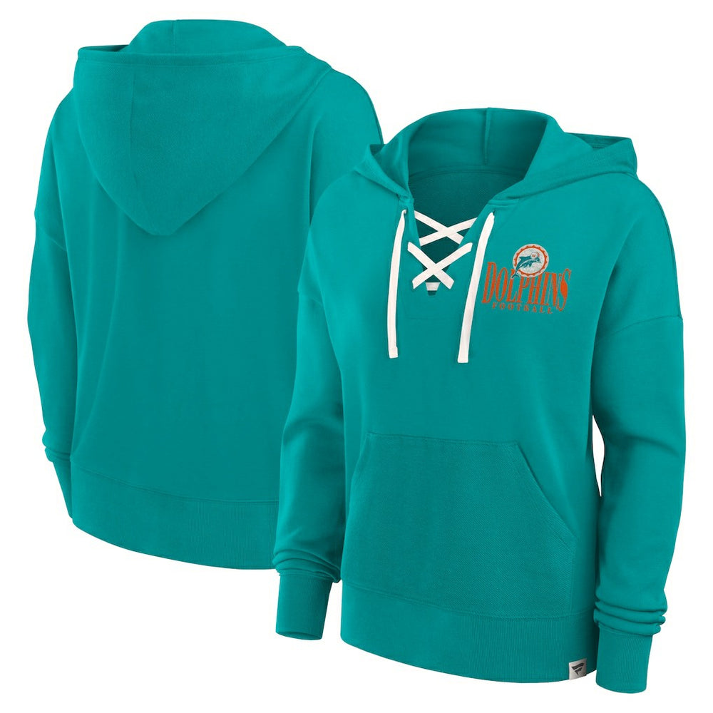 Miami Dolphins Women's Blitz Left Lace-Up Pullover Hoodie Aqua - Fanatics