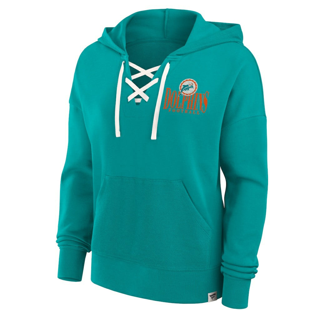 Miami Dolphins Women's Blitz Left Lace-Up Pullover Hoodie Aqua - Fanatics