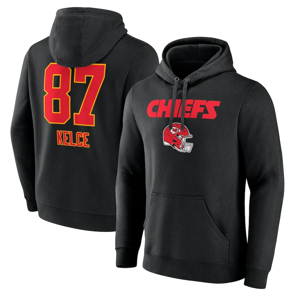 Travis Kelce Kansas City Chiefs Team Wordmark Player Name & Number Pullover Hoodie Black - NFL