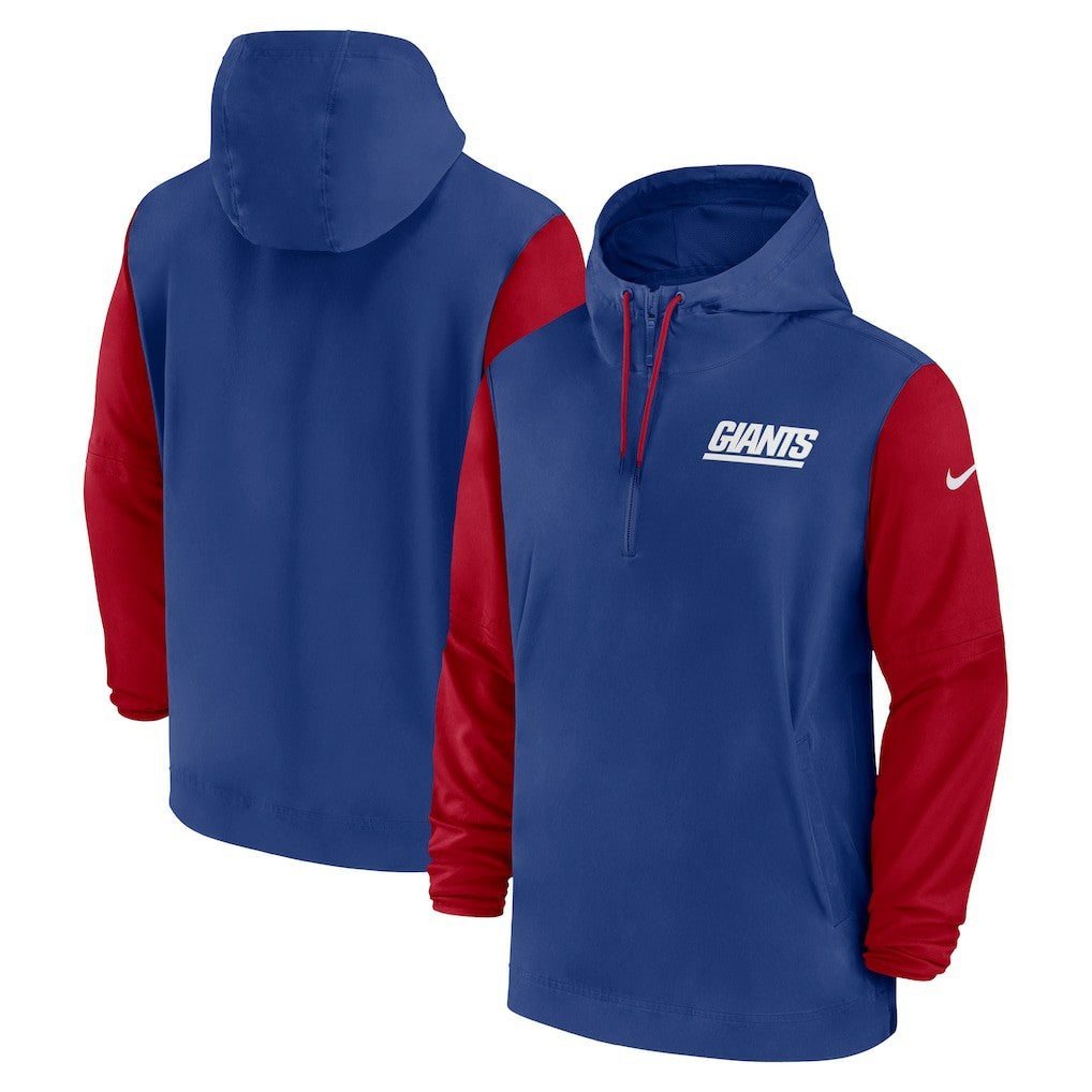 New York Giants 2024/25 Sideline Pre-Game Player 1/2-Zip Hoodie Jacket Royal/Red - Nike