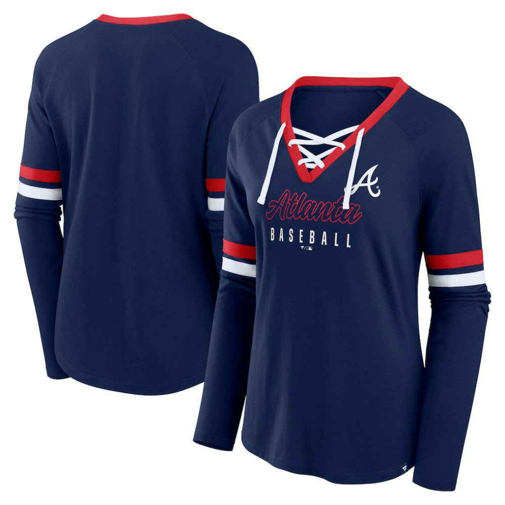 Atlanta Braves Fanatics Women's Won & Done Raglan Lace-Up Long Sleeve T-Shirt for sale
