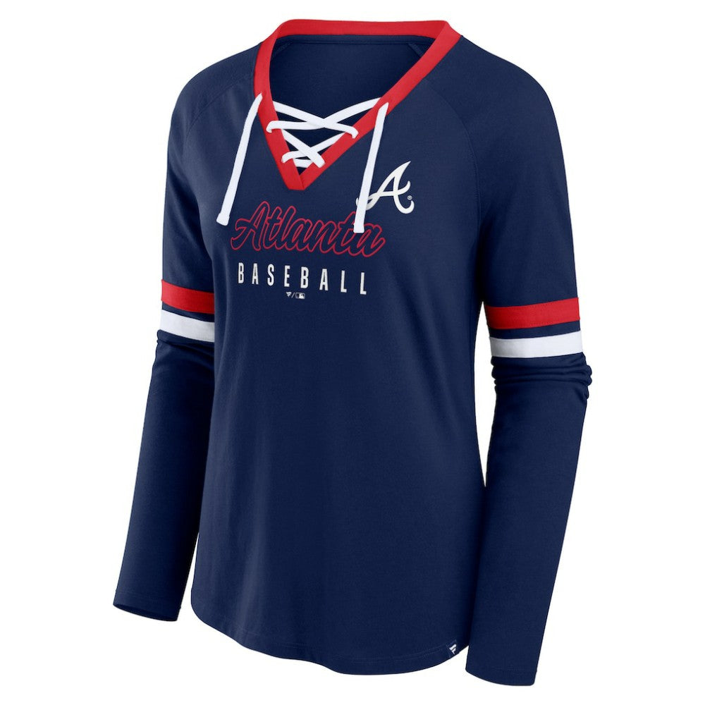 Atlanta Braves Fanatics Women's Won & Done Raglan Lace-Up Long Sleeve T-Shirt for sale