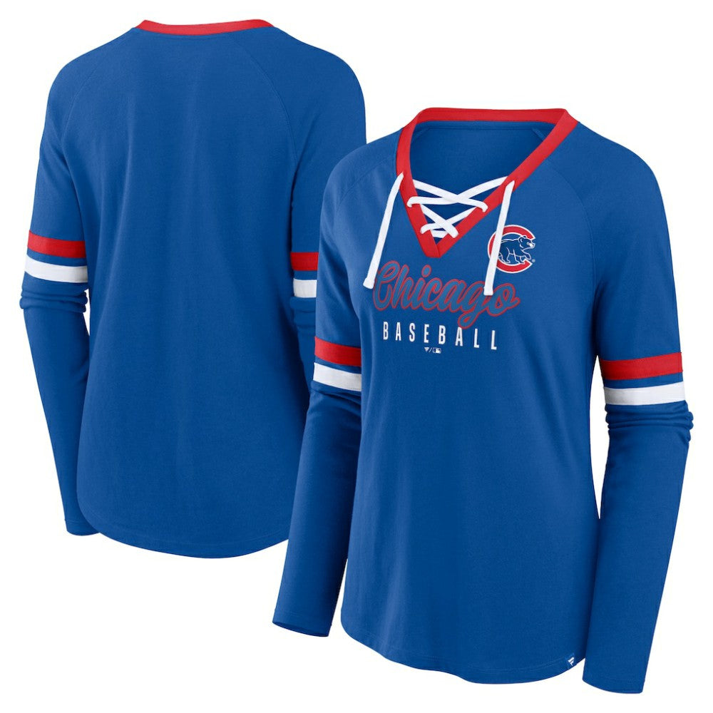 Chicago Cubs Fanatics Women's Won & Done Raglan Lace-Up Long Sleeve T-Shirt Clearance