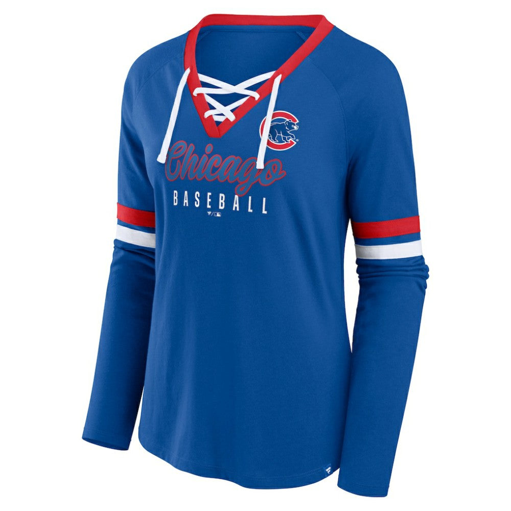 Chicago Cubs Fanatics Women's Won & Done Raglan Lace-Up Long Sleeve T-Shirt Clearance