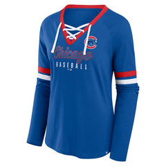 Chicago Cubs Fanatics Women's Won & Done Raglan Lace-Up Long Sleeve T-Shirt Clearance
