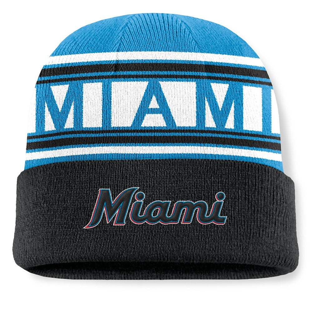 Miami Marlins Fanatics Fundamental Team Stripe Cuffed Knit Hat Clearance