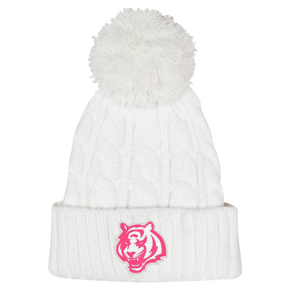 Cincinnati Bengals Girls Youth Cable Cuffed Knit Hat with Pom White - NFL