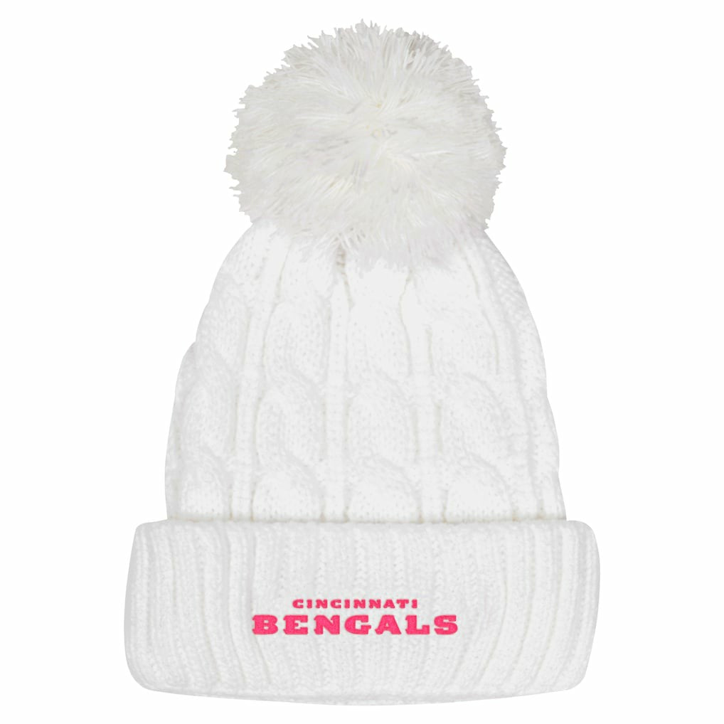 Cincinnati Bengals Girls Youth Cable Cuffed Knit Hat with Pom White - NFL