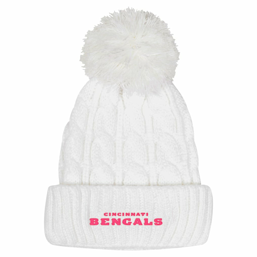 Cincinnati Bengals Girls Youth Cable Cuffed Knit Hat with Pom White - NFL