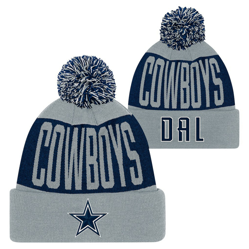 Dallas Cowboys Youth Bevel Cuffed Knit Hat with Pom Navy/Gray - NFL