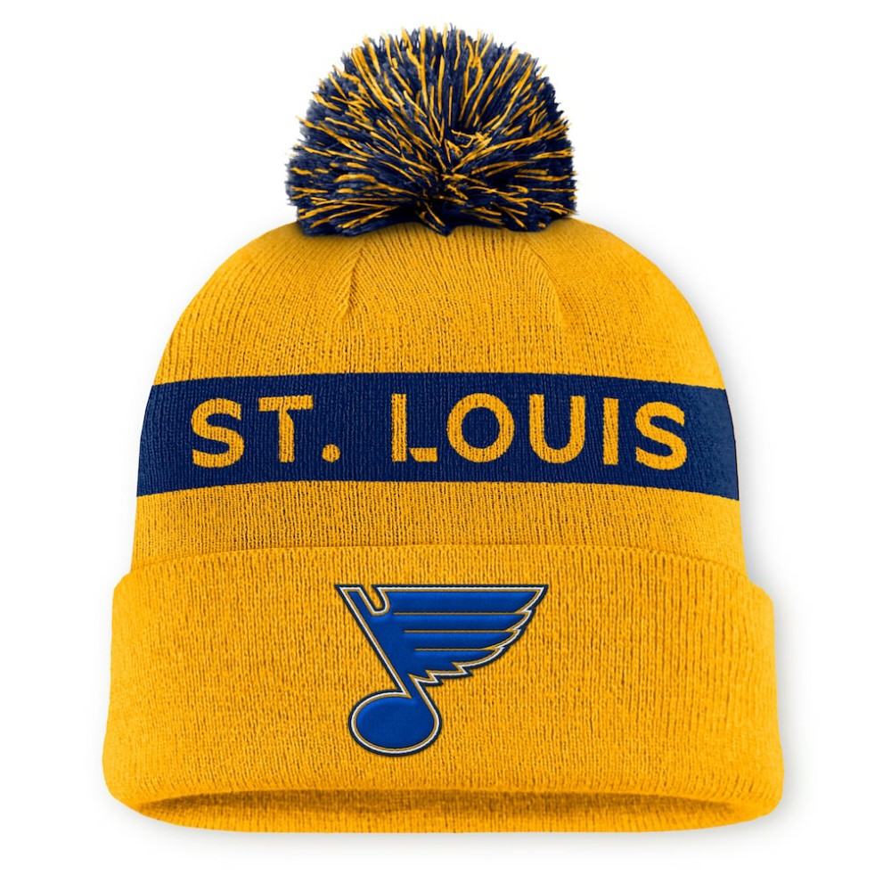 St. Louis Blues - Fanatics Women's Authentic Pro Rink Cuffed Knit Hat with Pom Gold/Navy