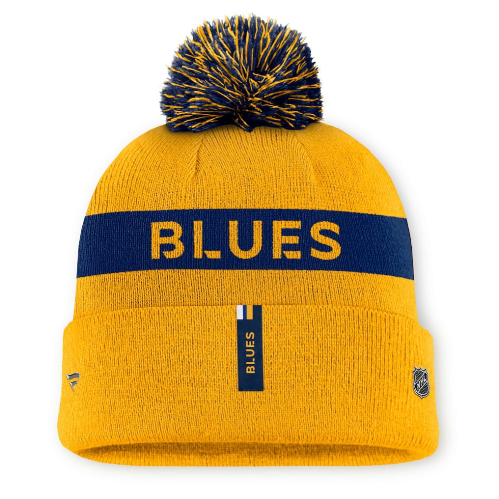 St. Louis Blues - Fanatics Women's Authentic Pro Rink Cuffed Knit Hat with Pom Gold/Navy