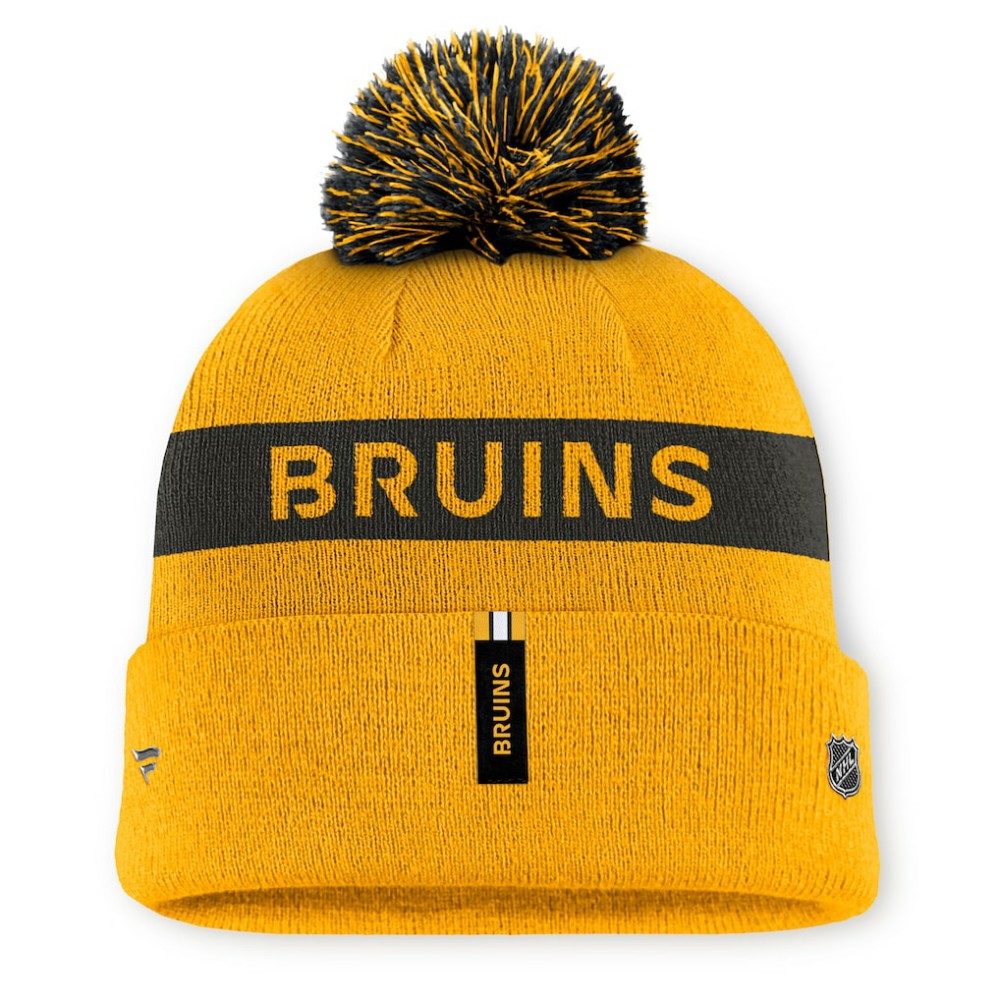 Boston Bruins Fanatics Women's Authentic Pro Rink Cuffed Knit Hat with Pom Gold/Black