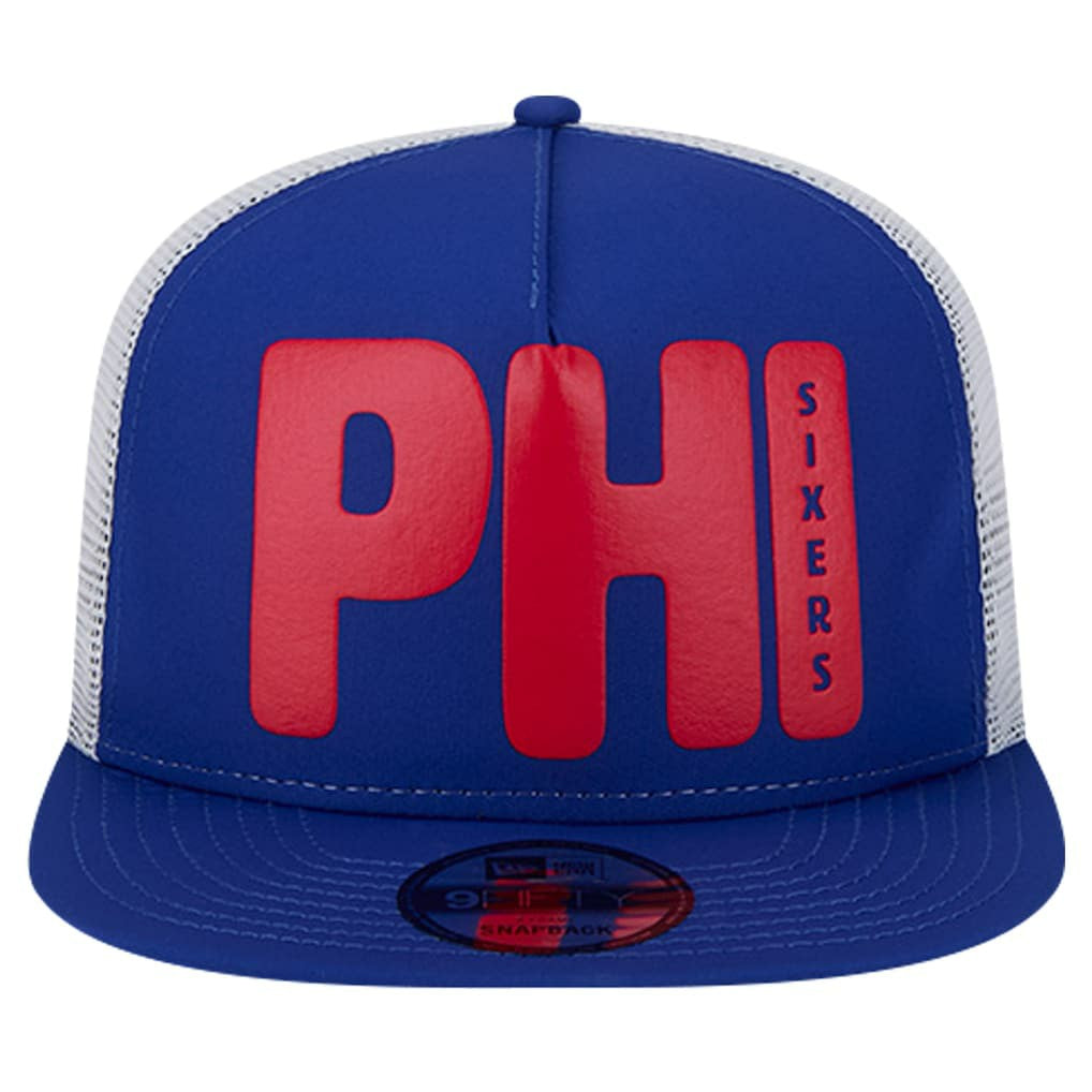 New Era - Philadelphia 76ers Puff Print Team Code A-Frame 9FIFTY Trucker Snapback Hat - Royal