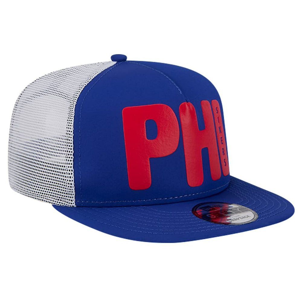 New Era - Philadelphia 76ers Puff Print Team Code A-Frame 9FIFTY Trucker Snapback Hat - Royal