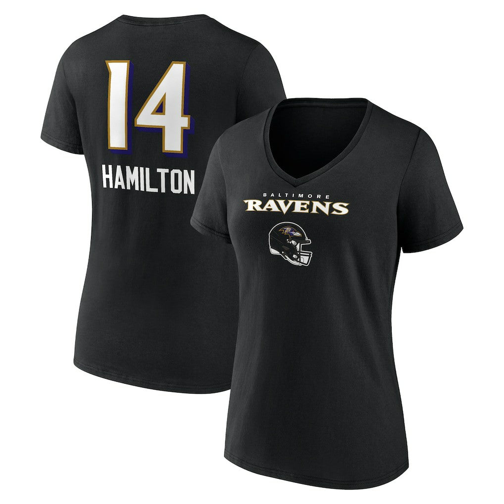 Kyle Hamilton Baltimore Ravens Women's Team Wordmark Player Name & Number V-Neck T-Shirt Black - NFL