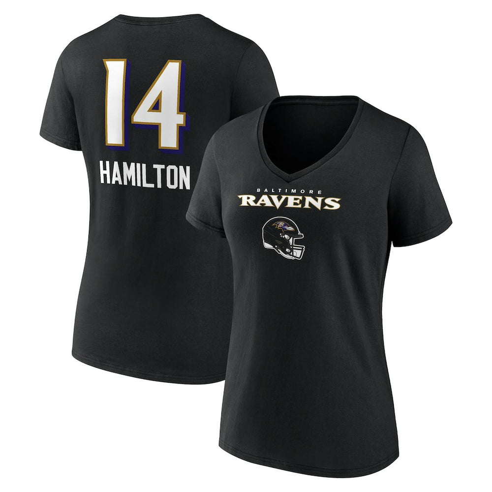 Kyle Hamilton Baltimore Ravens Women's Team Wordmark Player Name & Number V-Neck T-Shirt Black - NFL
