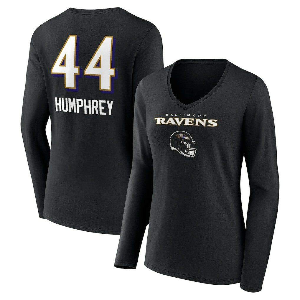 Marlon Humphrey Baltimore Ravens Women's Team Wordmark Player Name & Number Long Sleeve V-Neck T-Shirt Black - NFL