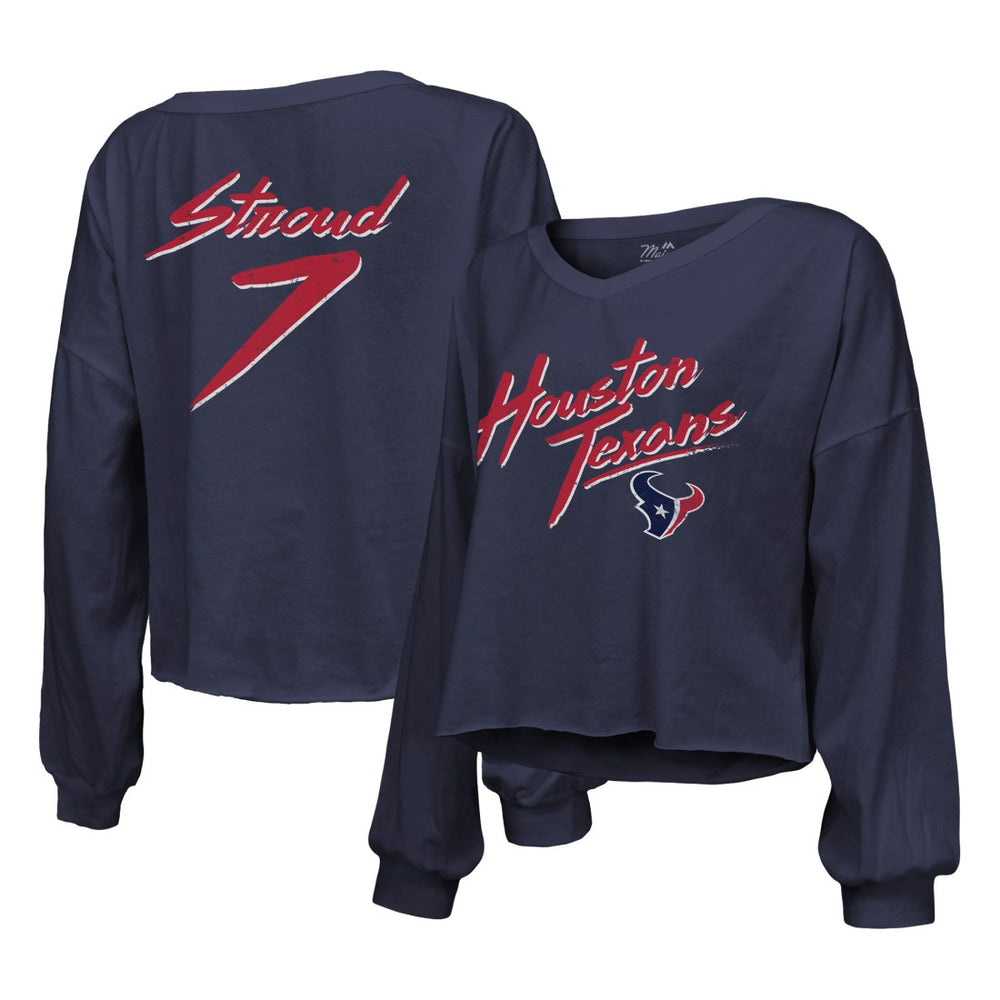 C.J. Stroud Houston Texans Majestic Threads Women's Name & Number Script Off-Shoulder Cropped Long Sleeve T-Shirt Navy - NFL