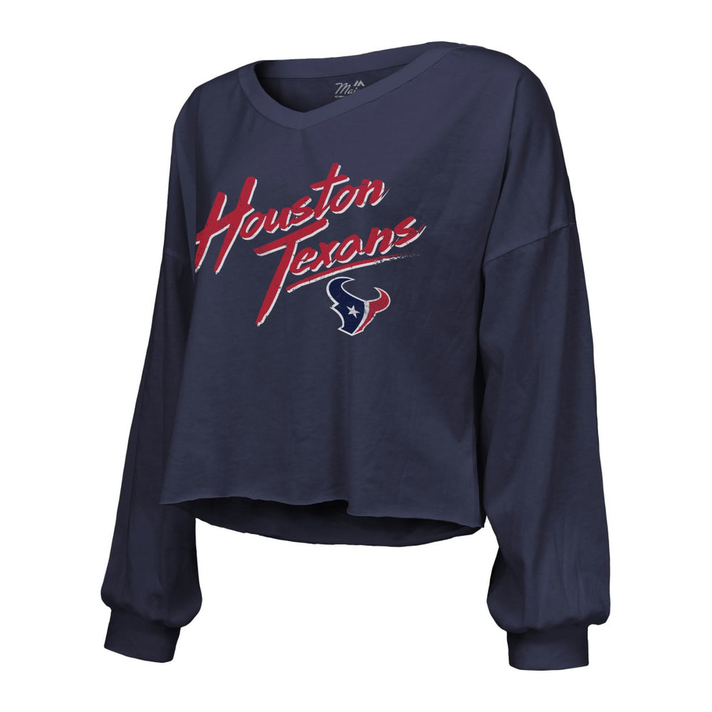 C.J. Stroud Houston Texans Majestic Threads Women's Name & Number Script Off-Shoulder Cropped Long Sleeve T-Shirt Navy - NFL
