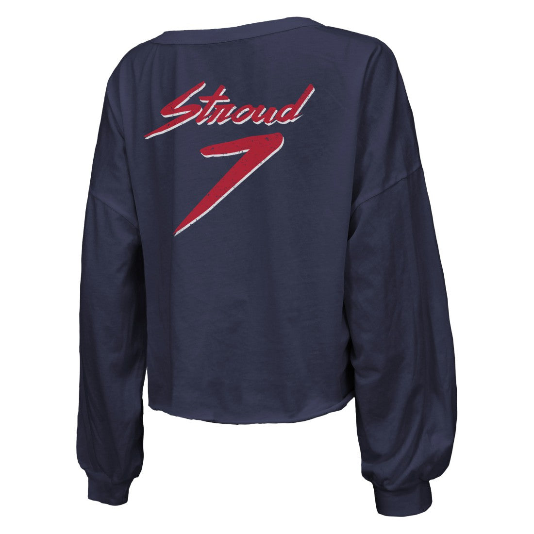 C.J. Stroud Houston Texans Majestic Threads Women's Name & Number Script Off-Shoulder Cropped Long Sleeve T-Shirt Navy - NFL