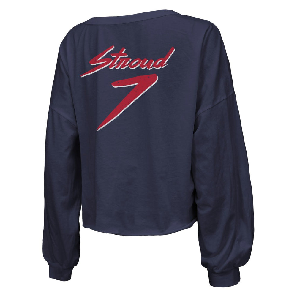 C.J. Stroud Houston Texans Majestic Threads Women's Name & Number Script Off-Shoulder Cropped Long Sleeve T-Shirt Navy - NFL