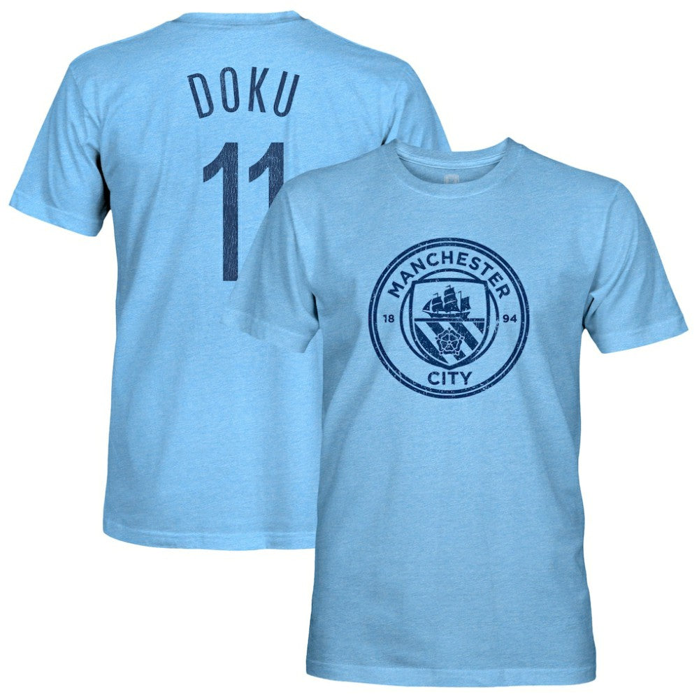 Jeremy Doku Manchester City 1863FC Player Name & Number Twisted Tri-Blend Slub T-Shirts - Sky Blue
