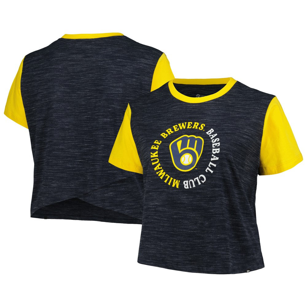 Milwaukee Brewers New Era Women's Plus Size Crossover Back Cropped T-Shirt Lifestyle