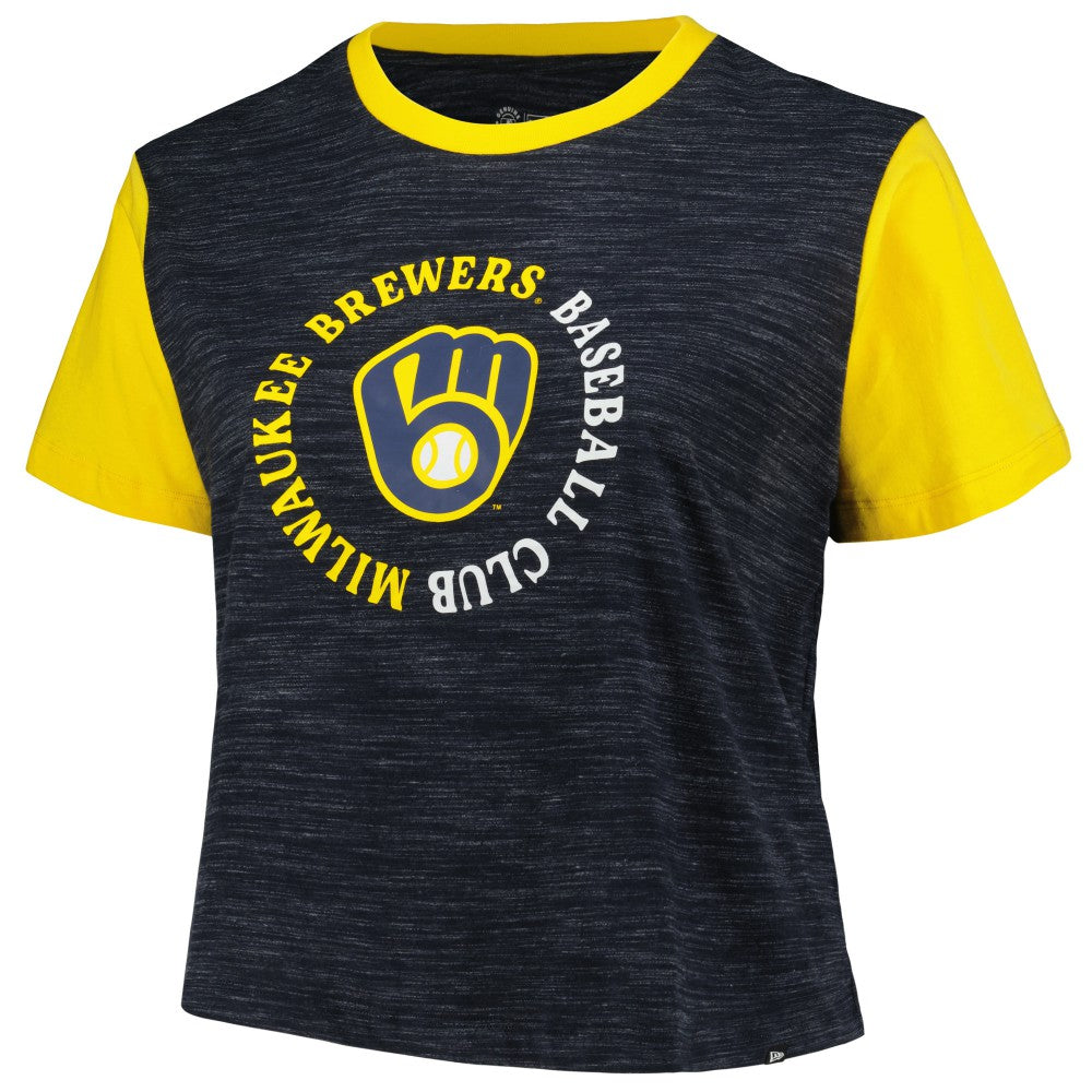 Milwaukee Brewers New Era Women's Plus Size Crossover Back Cropped T-Shirt Lifestyle