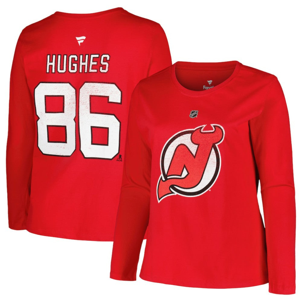 New Jersey Devils - Profile Women's Plus Size Distressed Printed Name & Number Long Sleeve T-Shirt Red