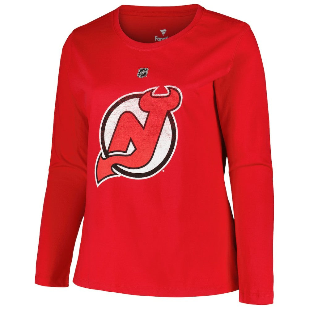 New Jersey Devils - Profile Women's Plus Size Distressed Printed Name & Number Long Sleeve T-Shirt Red