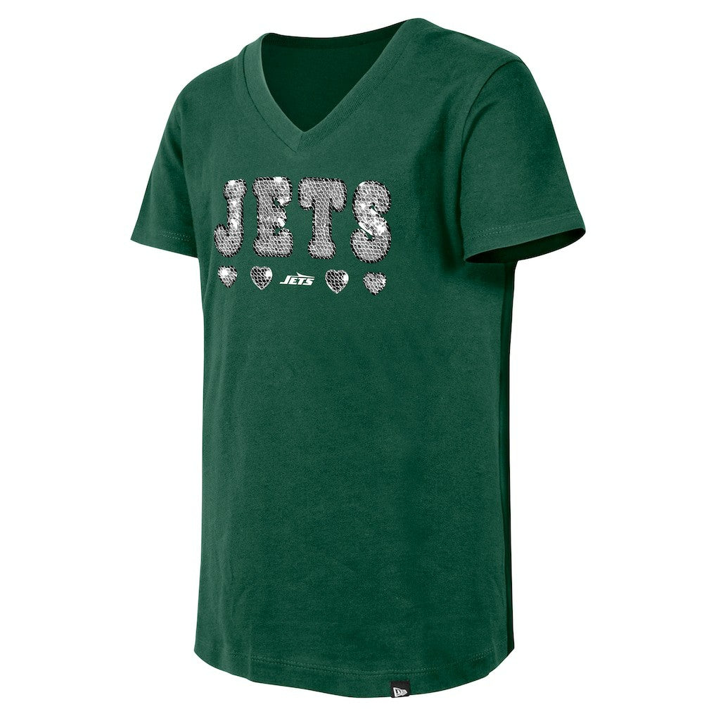 New York Jets New Era Girls Youth Flip Sequin V-Neck T-Shirt Green - NFL