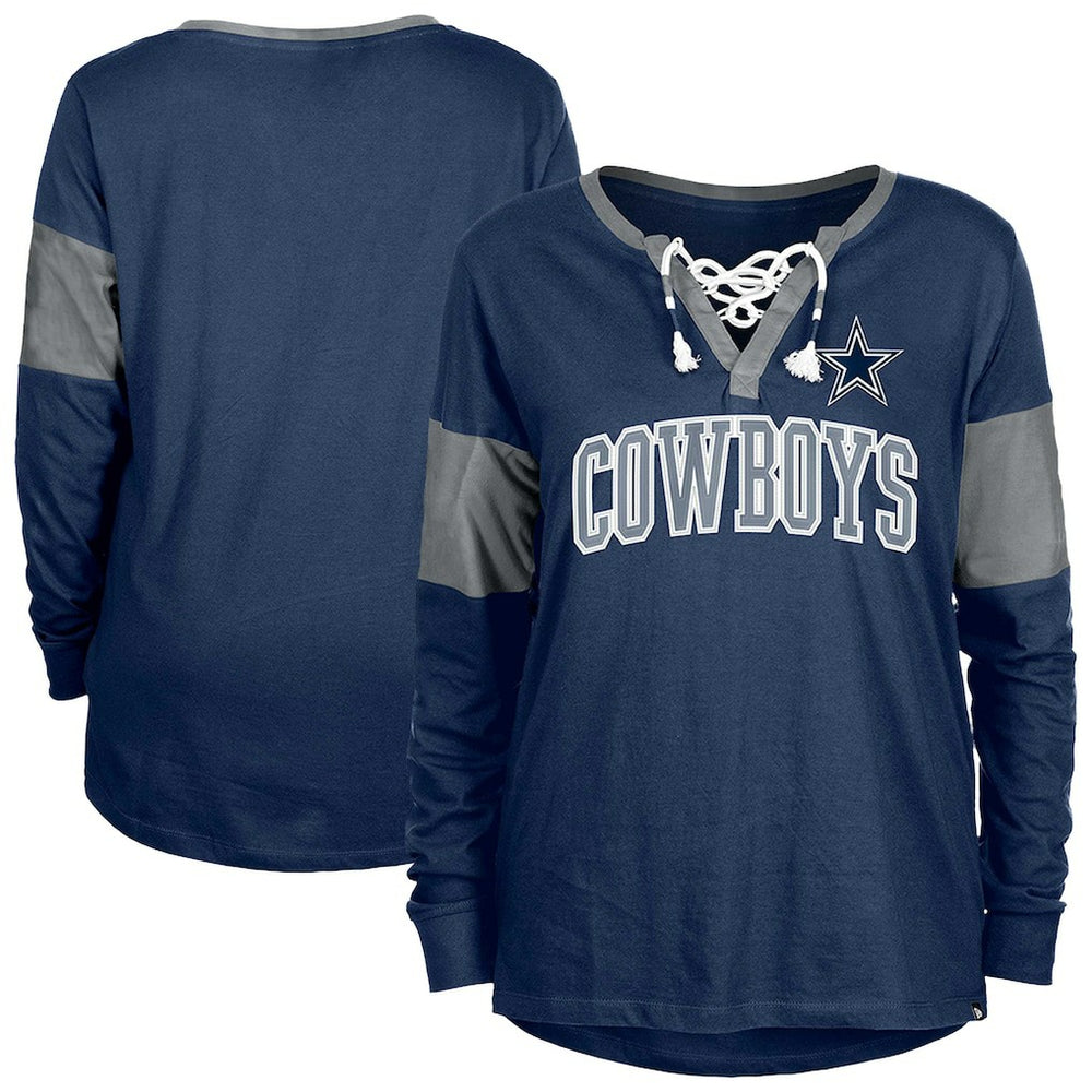 Dallas Cowboys New Era Women's Lace-Up Notch-Neck Long Sleeve T-Shirt Navy - NFL