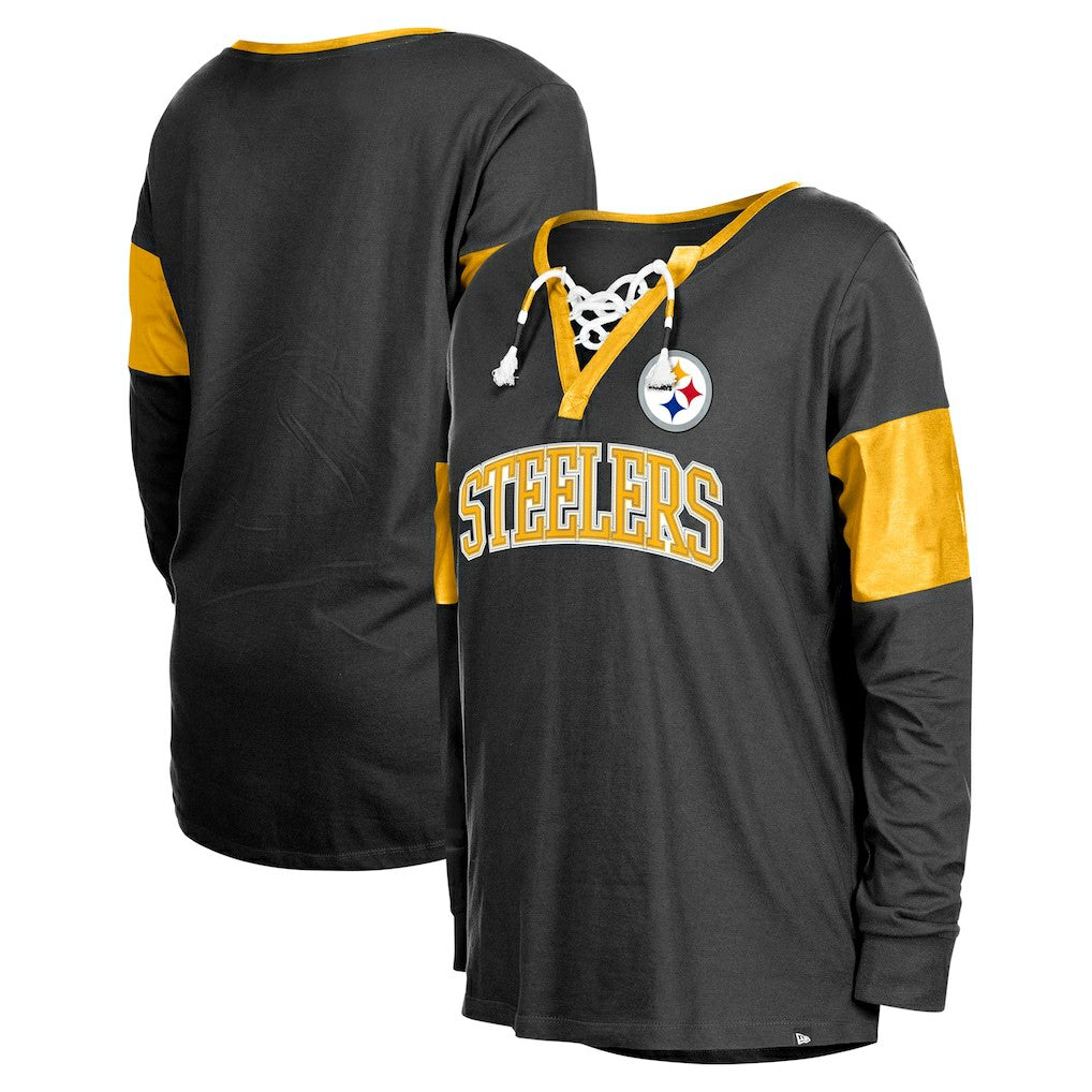 Pittsburgh Steelers New Era Women's Lace-Up Notch-Neck Long Sleeve T-Shirt Black - NFL