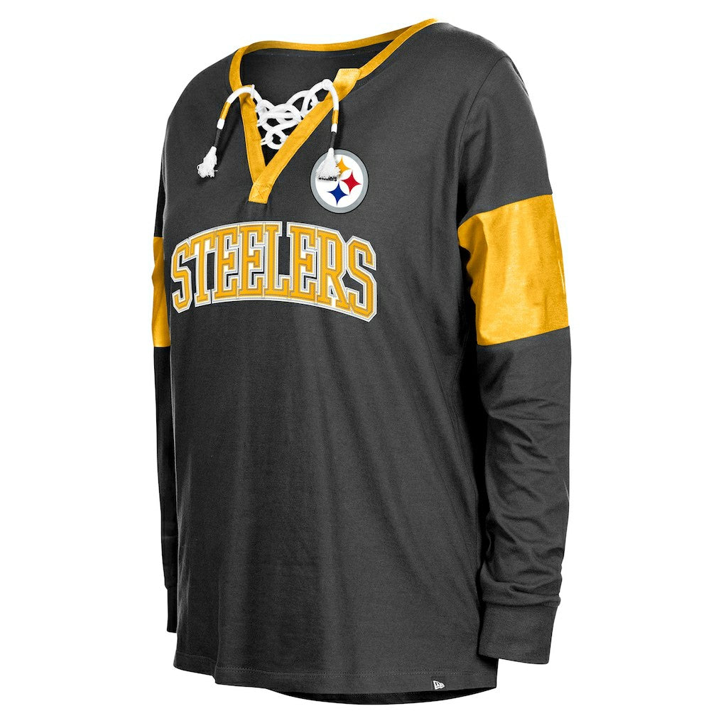 Pittsburgh Steelers New Era Women's Lace-Up Notch-Neck Long Sleeve T-Shirt Black - NFL