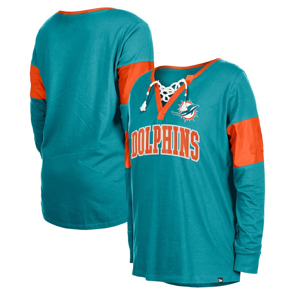 Miami Dolphins New Era Women's Lace-Up Notch-Neck Long Sleeve T-Shirt Aqua - NFL