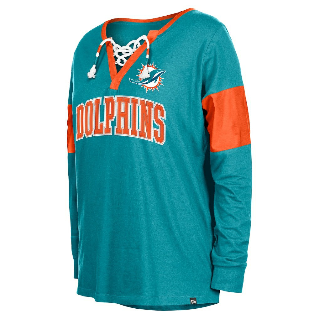 Miami Dolphins New Era Women's Lace-Up Notch-Neck Long Sleeve T-Shirt Aqua - NFL