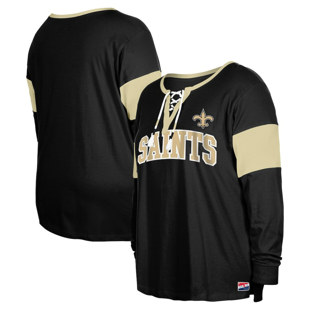 New Orleans Saints New Era Women's Plus Size Lace-Up Notch Neck Long Sleeve T-Shirt  Black - NFL