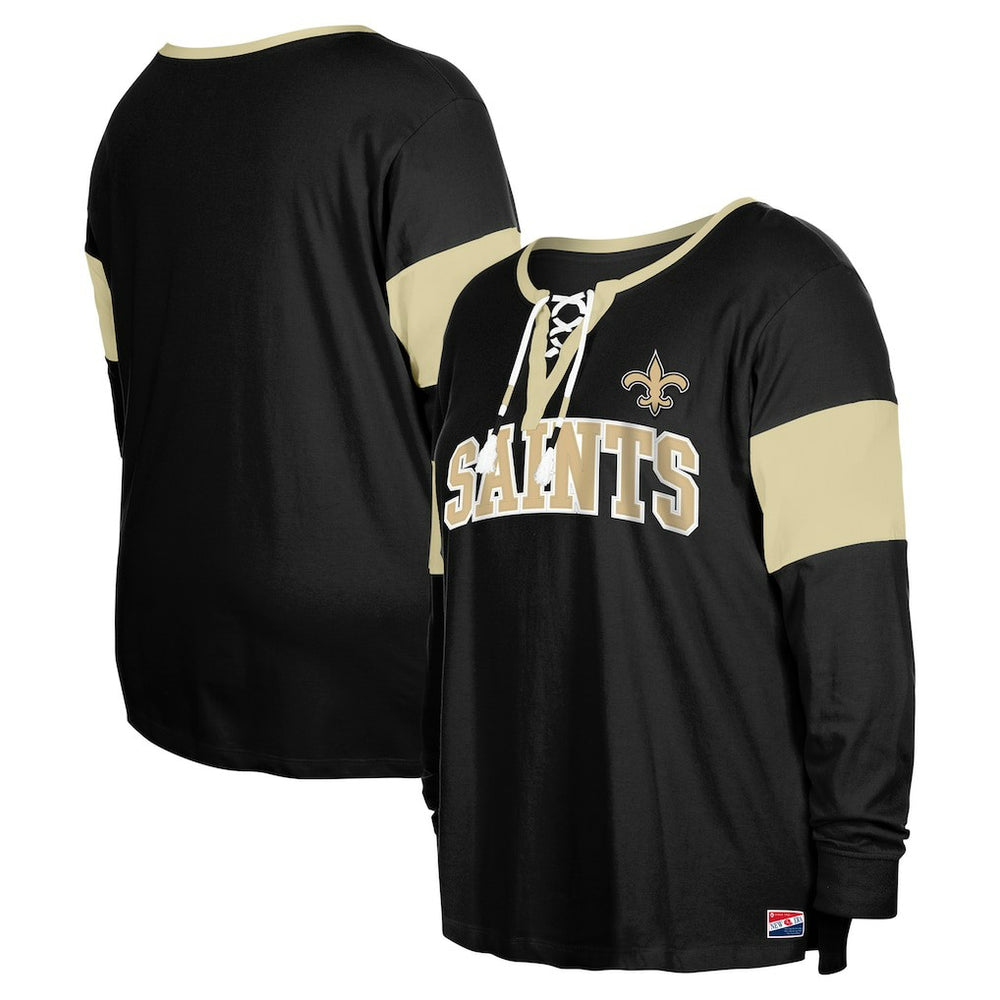 New Orleans Saints New Era Women's Plus Size Lace-Up Notch Neck Long Sleeve T-Shirt  Black - NFL