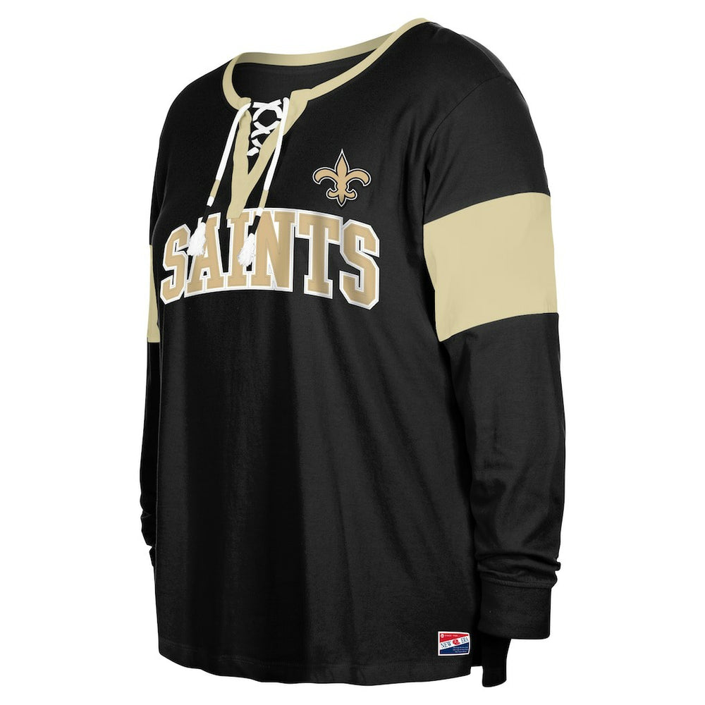 New Orleans Saints New Era Women's Plus Size Lace-Up Notch Neck Long Sleeve T-Shirt  Black - NFL