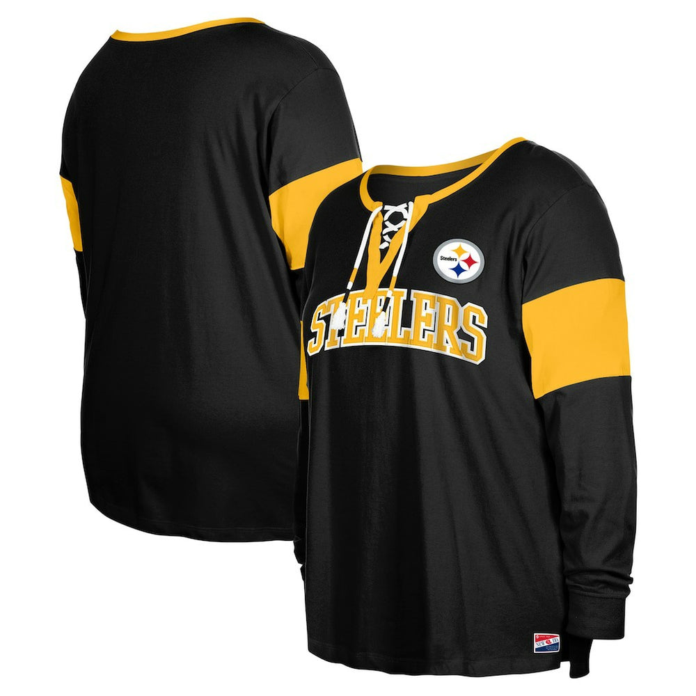 Pittsburgh Steelers New Era Women's Plus Size Lace-Up Notch Neck Long Sleeve T-Shirt  Black - NFL