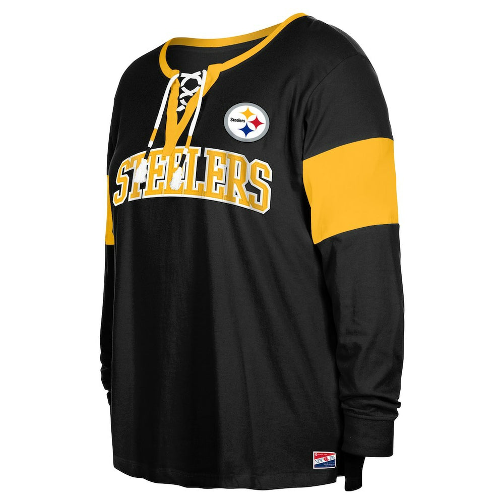 Pittsburgh Steelers New Era Women's Plus Size Lace-Up Notch Neck Long Sleeve T-Shirt  Black - NFL