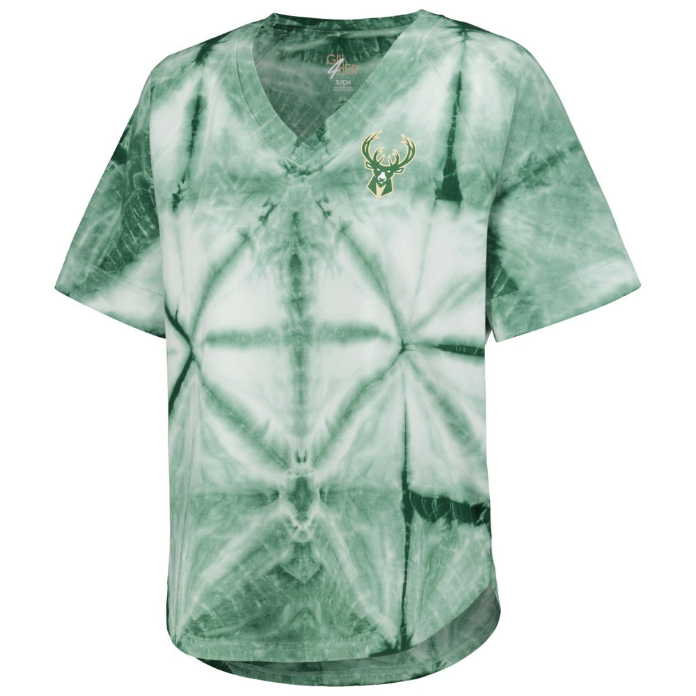 NBA - Milwaukee Bucks G-III 4Her by Carl Banks Women's Tournament Raglan Oversized Tie-Dye V-Neck T-Shirt - Hunter Green