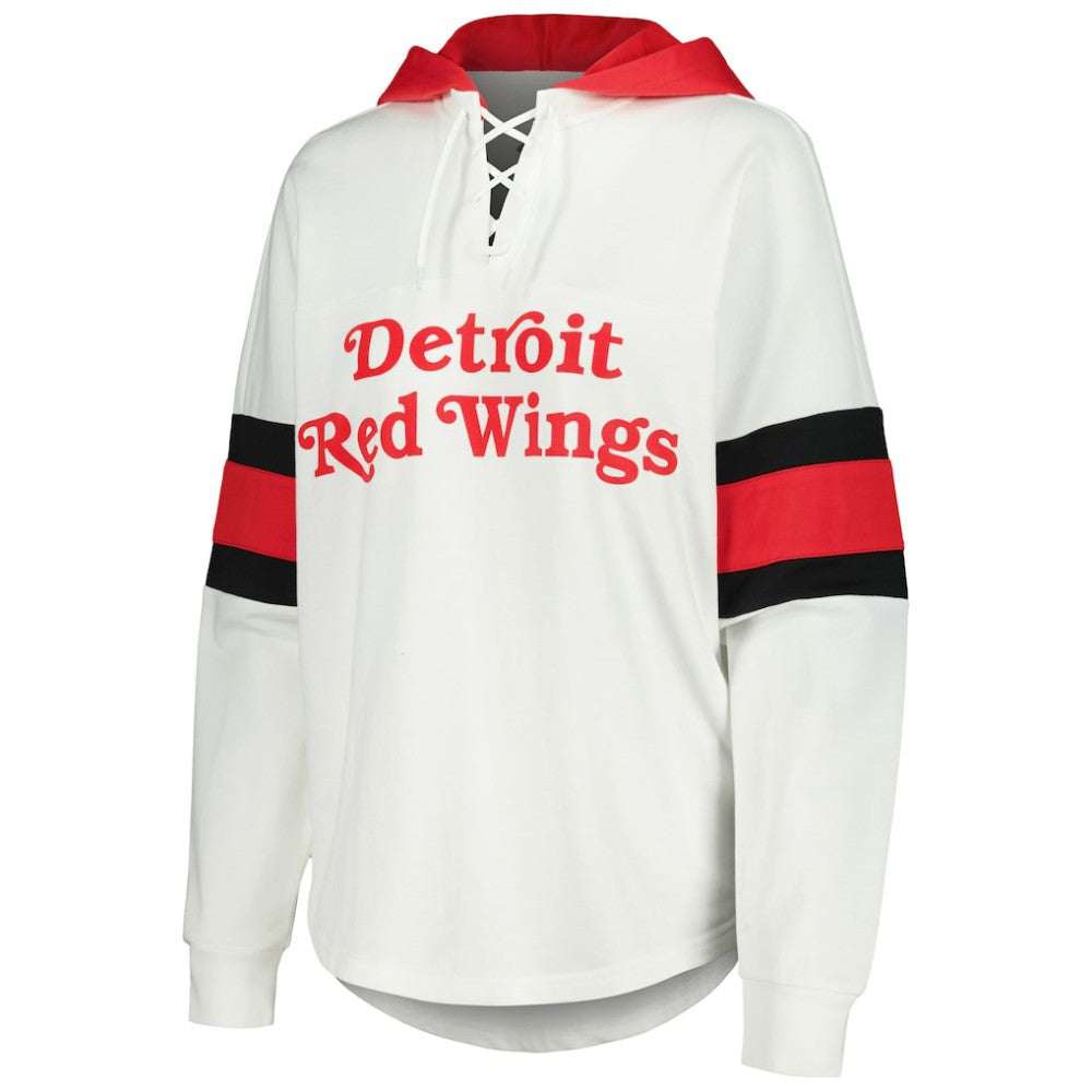 Detroit Red Wings - G-III 4Her by Carl Banks Women's Goal Zone Long Sleeve Lace-Up Hoodie T-Shirt White/Red