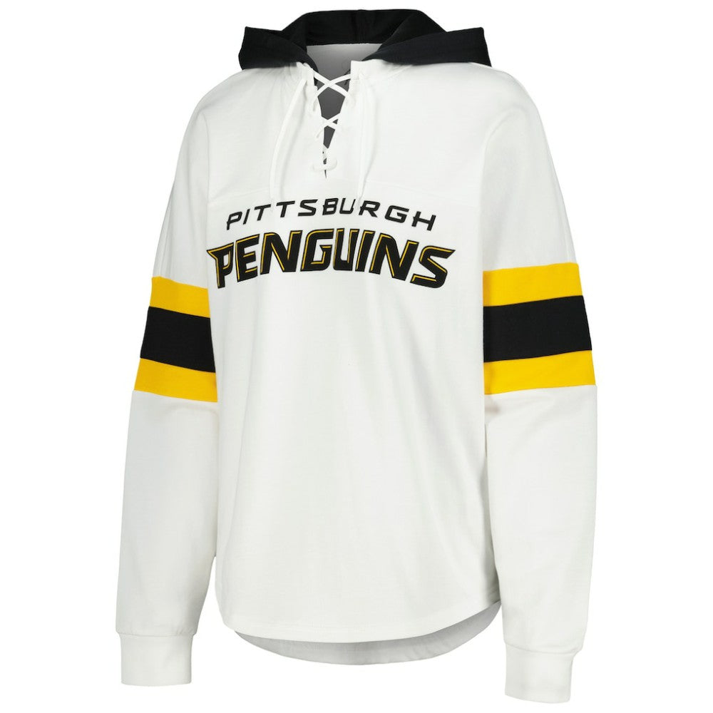 Pittsburgh Penguins G-III 4Her by Carl Banks Women's Goal Zone Long Sleeve Lace-Up Hoodie T-Shirt White/Black